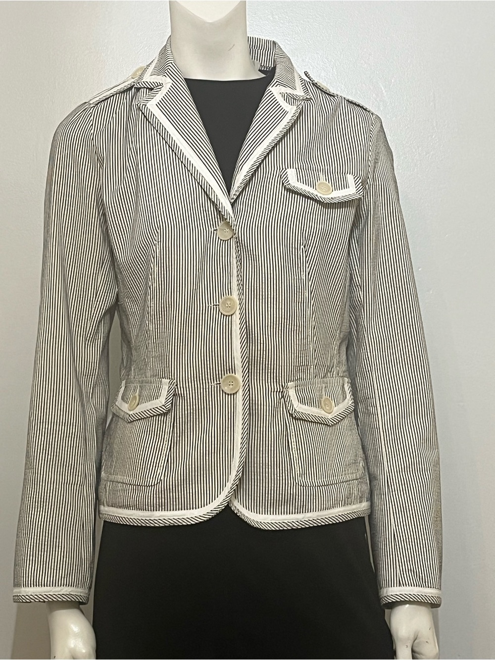 Gerard Darel Black and White Pinstripe Cotton Blazer